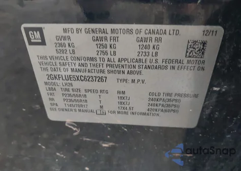 2012 GMC Terrain Slt-1 from USA, damaged, VIN 2GKFLUE5XC6237267